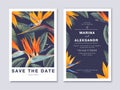 Tropical botanical wedding or party invitation card. Template design with flowers - Strelitzia, South African plant, called crane