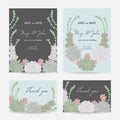 Wedding invitation with succulents. Save the date cards with collection decorative floral design elements.