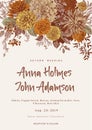 Wedding invitation. Summer and autumn flowers. Dahlias, Ruscus, Viburnum. Modern floristics.