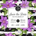 Wedding Invitation Template with Clematis Flowers. Tropical Floral Save the Date Card. Exotic Flower Romantic Design Royalty Free Stock Photo