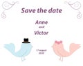 Wedding invitation template with a pair of birds,the bride and g