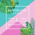 Wedding Invitation Template with Palm Leaves. Tropical Save the Date Card. Summer Botanical Design for Poster, Greetings