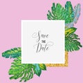 Wedding Invitation Template with Palm Leaves. Tropical Save the Date Card. Summer Botanical Design for Poster, Greetings Royalty Free Stock Photo