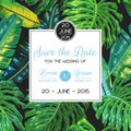 Wedding Invitation Template with Palm Leaves. Tropical Save the Date Card. Summer Botanical Design for Poster, Greetings Royalty Free Stock Photo