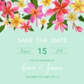 Wedding Invitation Template with Plumeria Flowers. Tropical Floral Save the Date Card. Exotic Flower Romantic Design Royalty Free Stock Photo