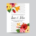 Wedding Invitation Template with Red Hibiscus Flowers. Save the Date Floral Card for Greetings, Anniversary, Birthday Royalty Free Stock Photo