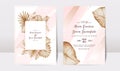 Wedding invitation template set with brown and peach dried floral and leaves decoration. Botanic card design concept