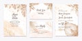 Wedding invitation template set with brown and peach dried floral and leaves decoration. Botanic card design concept