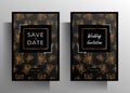 Wedding invitation template set. Gold with black design with hand drawn floral pattern. Royalty Free Stock Photo