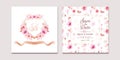 Wedding invitation template set with romantic floral crest and pattern. Roses and sakura flowers composition vector for save the
