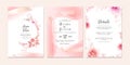 Wedding invitation template set with romantic floral frame and gold brush stroke. Roses and sakura flowers composition vector for