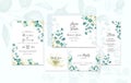 Wedding invitation template set with soft watercolor eucalyptus with small flowers. Botanic illustration for card composition Royalty Free Stock Photo