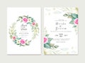 Wedding invitation template set with soft watercolor floral wreath and border decoration. Botanic illustration for card Royalty Free Stock Photo