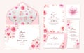 Wedding invitation template suite with floral border, pattern. Roses and sakura flowers composition for save the date, greeting, Royalty Free Stock Photo