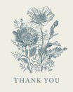 Wedding invitation Beautiful flowers Vintage card Frame Drawing engraving Poppy croton Vector Illustration Thank you Royalty Free Stock Photo