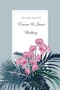 Wedding invitation, tropical leaves and flowers composition, watercolor style.