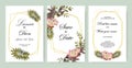 Wedding invitation vintage frame set roses, leaves, watercolor on white Royalty Free Stock Photo