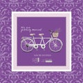 Wedding invitation in vintage style and lilac shades. Bike - a tandem with a basket of lavender.