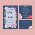 Wedding Invitation watercolor design with sea animal frame, blue background vector illustration