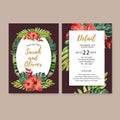 Wedding Invitation watercolor design with tropical leaves and flowers, deep red background