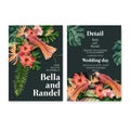 Wedding Invitation watercolor design with tropical theme, bird with foliage gradiant illustration