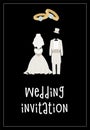 Wedding invitation with white bride's dress and white groom's suit, wedding rings on black background.