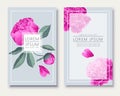Minimalist wedding invitation card template design with pink peonies flowers, leaves and petals.