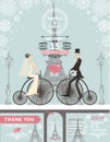 Wedding invitations.Bride,groom,bike,Paris Winter Royalty Free Stock Photo