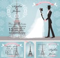 Wedding invitations.Bride,groom,snow,Paris Winter Royalty Free Stock Photo