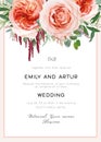 Wedding invite card, invitation. Pale coral & dusty peach roses, astrantia plant, pink heather flowers, burgundy red amaranth,