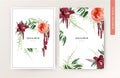 Wedding invite card, tropical invitation vector design. Pale peach roses, burgundy red orchid, amaranth flowers, wild greenery Royalty Free Stock Photo