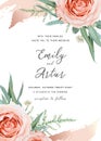 Wedding invite, invitation card floral design. Blush peach rose flowers, green asparagus fern eucalyptus leaves decorated with Royalty Free Stock Photo