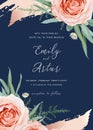 Wedding invite, invitation card floral design. Blush peach rose flowers, green asparagus fern, eucalyptus leaves frame with Royalty Free Stock Photo