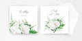 Wedding invite, invitation card floral design. Ivory white, powder peony Rose flower, Eucalyptus branch, greenery forest asparagus Royalty Free Stock Photo