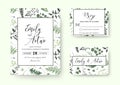 Wedding invite, invitation rsvp card vector floral greenery silhouette design: palm fern tree, foliage natural branches, green le