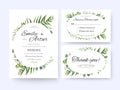 Wedding invite, invitation rsvp thank you card vector floral greenery design: Forest fern frond, palm leaf Eucalyptus branch