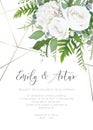 Wedding invite, invitation, save the date card design. Elegant, ivory white garden peony Rose flowers, dusty blue Eucalyptus Royalty Free Stock Photo