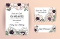 Wedding invite, invitation, save the date card design with elegant powder pink garden anemone, wax flowers leaves