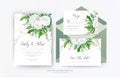 Wedding invite, invitation, save the date card, rsvp design. Elegant, ivory white garden peony Rose flowers, silver Eucalyptus