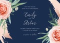 Wedding invite save the date card design. Blush peach garden rose flowers, green asparagus fern eucalyptus leaves, floral frame