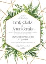 Wedding invite, save the date card design with natural forest greenery leaves, ferns, tropical palm leaves, berries & golden foil