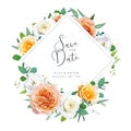 Wedding invite save the date card. Elegant floral watercolor peach orange, yellow garden rose, white jasmine, eustoma flower, Royalty Free Stock Photo