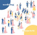 Wedding isometric icons recolor set of bride and groom in festive clothes with guests and friends on wedding ceremony isolated