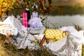 Wedding items, composition of festive paraphernalia for the wedding. Colorful scenery in nature, photo for memory.