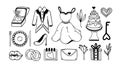 Wedding items vector doodles set. Symbols of marriage - a dress for a bride, a suit for a groom, cake, engagement rings, flowers,