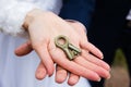 Wedding key in hands of bride and groom Royalty Free Stock Photo