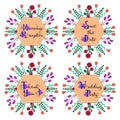 Fancy flowers wedding stickers set. Collection of 4 labels. Peach color vector. Gradient floral and leaf pattern illustration.