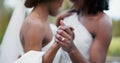 Wedding, lesbian and women dancing outdoor together at ceremony for celebration, happiness and romance. Marriage, love