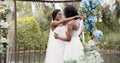 Wedding, lesbian and women dancing outdoor together at ceremony for celebration, happiness and romance. Marriage, love