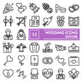 Wedding line icon set, love symbols collection, vector sketches, logo illustrations, marriage signs linear pictograms